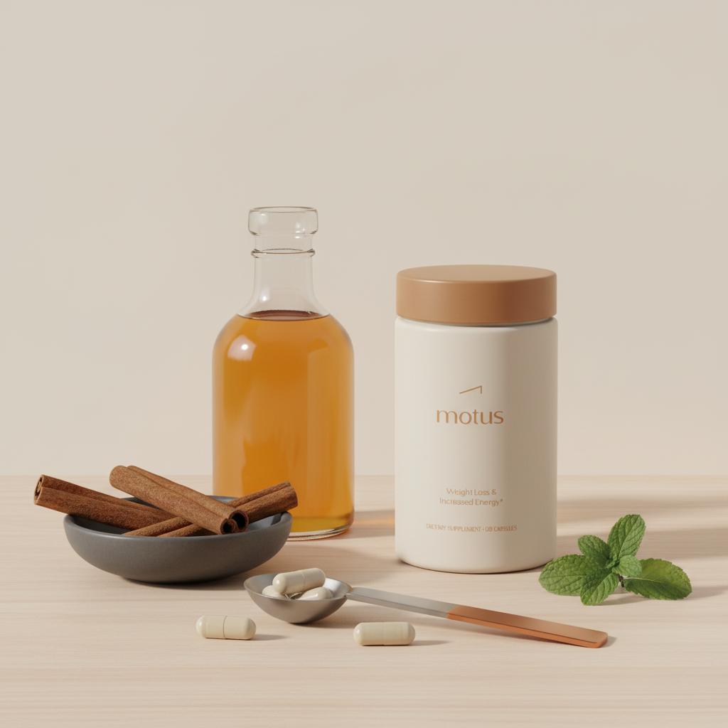 Tonum supplement container on a light wooden table with measuring spoon, open apple cider vinegar bottle, spilled capsules, ceramic dish of cinnamon sticks and mint on a #F2E5D5 background — supplements to lower blood sugar