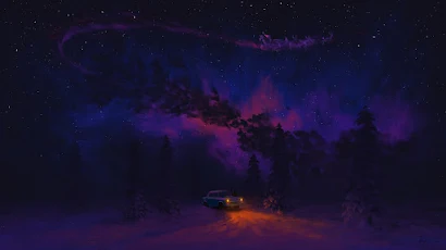 Digital Art, Car, Clouds, Lights, Night Full HD Wallpaper Background