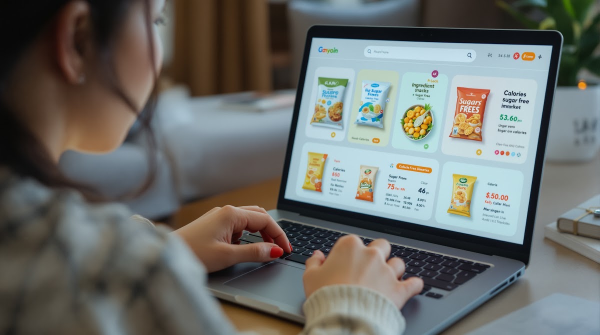 2025년 기준, 한국 온라인 마켓에서 소비자가 무설탕 간식 제품 성분표, 칼로리, 인증 마크(HACCP, FSSC22000 등)와 패키지 정보를 비교 분석하며 체크리스트에 따라 현명하게 제품을 선택하는 실제 모습