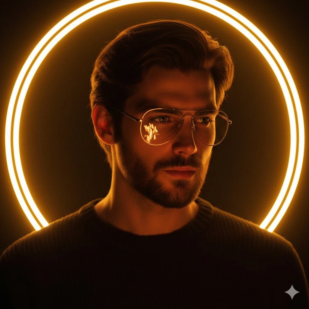 Retrato cinematográfico de un joven apuesto con el pelo corto y la barba recortada, que lleva una fina chaqueta metálica...