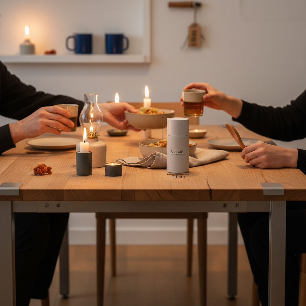 Intime Abendtafel mit Händen, die ein Produkt teilen; warme Holz- und Metallakzente, minimalistisches Layout, Betonung von Nähe und Dankbarkeit — was ist das symbol für 50 jahre ehe