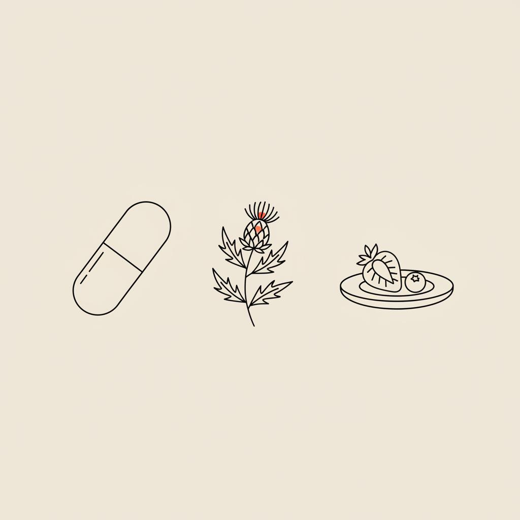 Minimalist Tonum-style line illustration of a capsule, botanical sprig, and small plate of fruit on beige background referencing Ozempic fatty liver.