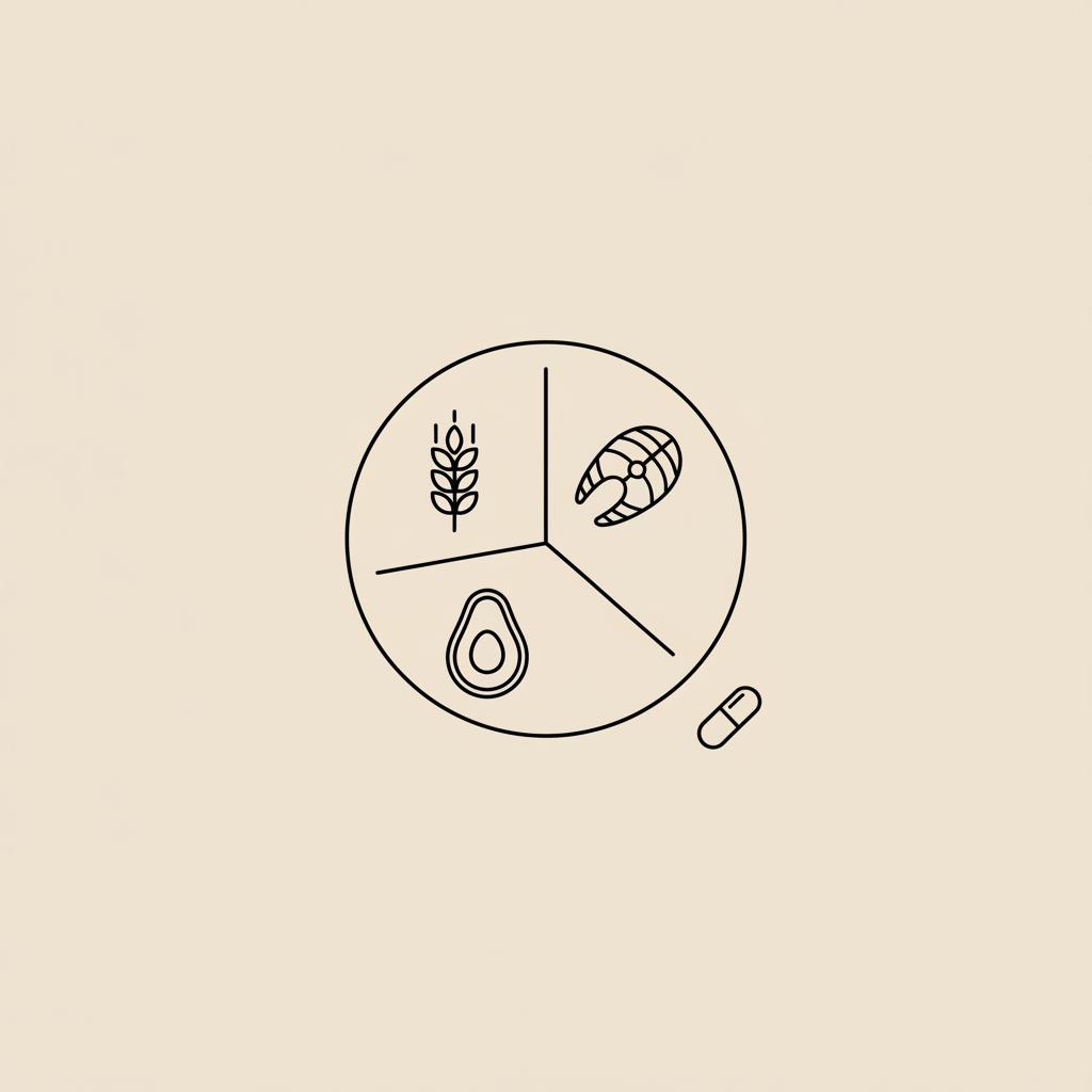 Minimal vector line illustration of a divided plate with icons for protein, carbs, fats and a small capsule representing the 40-40-20 macro ratio on a beige background.