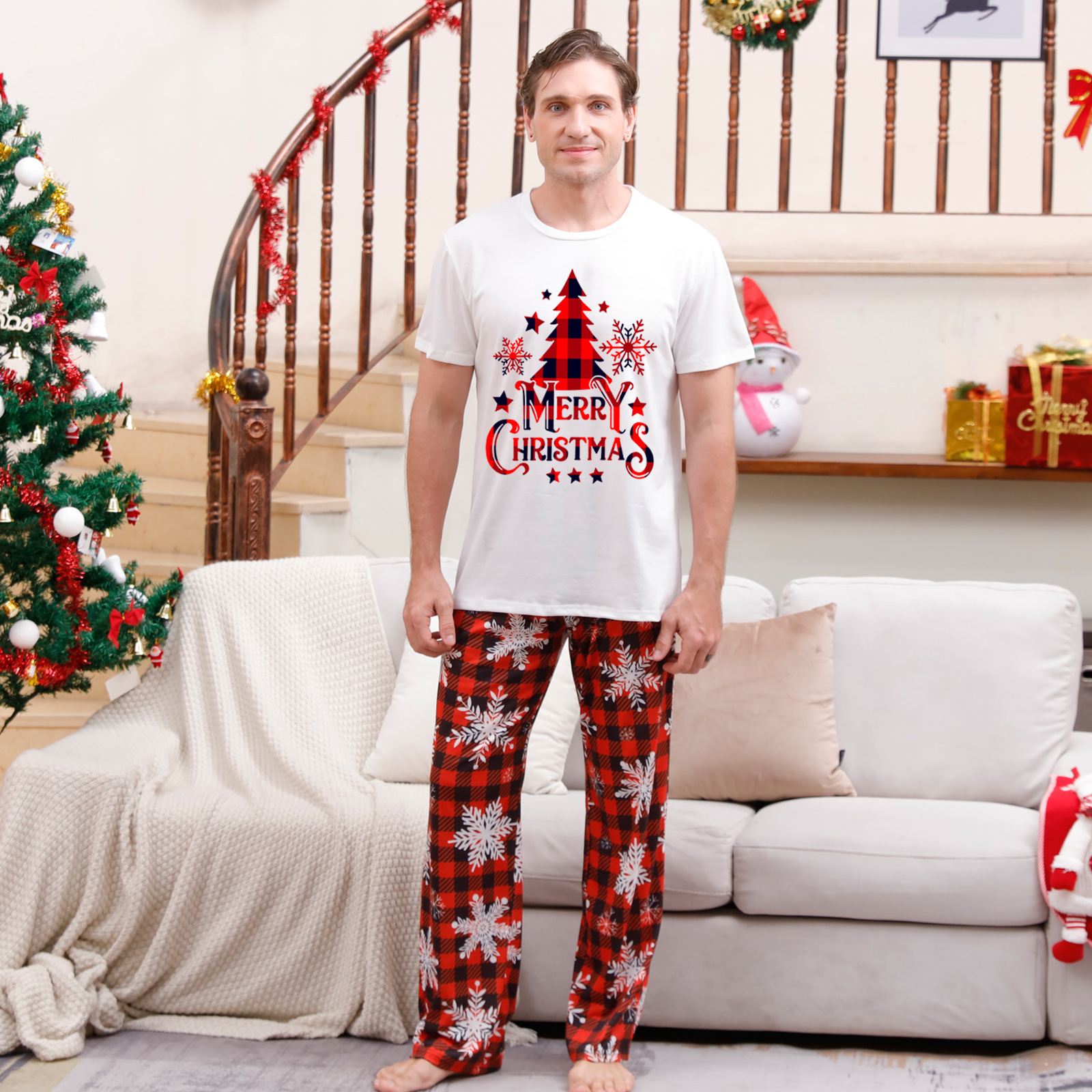 Christmas Family Pajama Set with Check Pattern