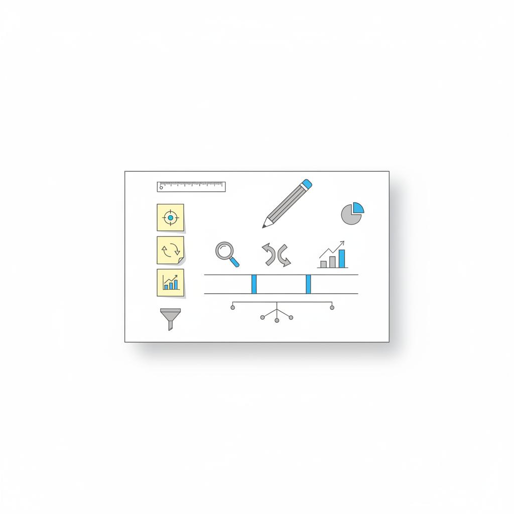 Minimal 2D vector flat-lay of planning tools and a sketched 90-day experiment timeline for google ads daily budget, pencil, ruler, sticky notes with icons in Agency Visible colors