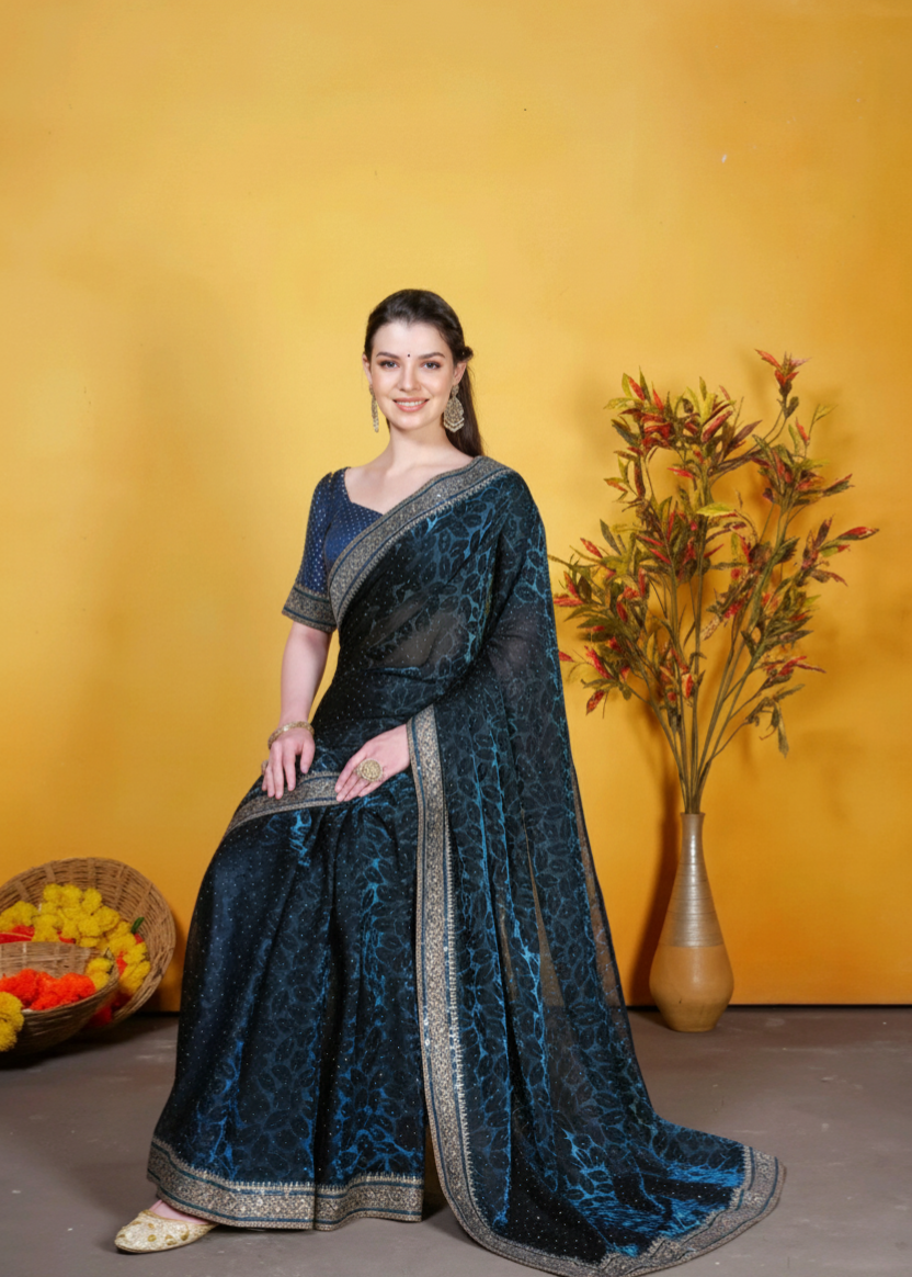 Party wear saree for women and girls with sequin  lace border and blouse piece farewell saree for girls