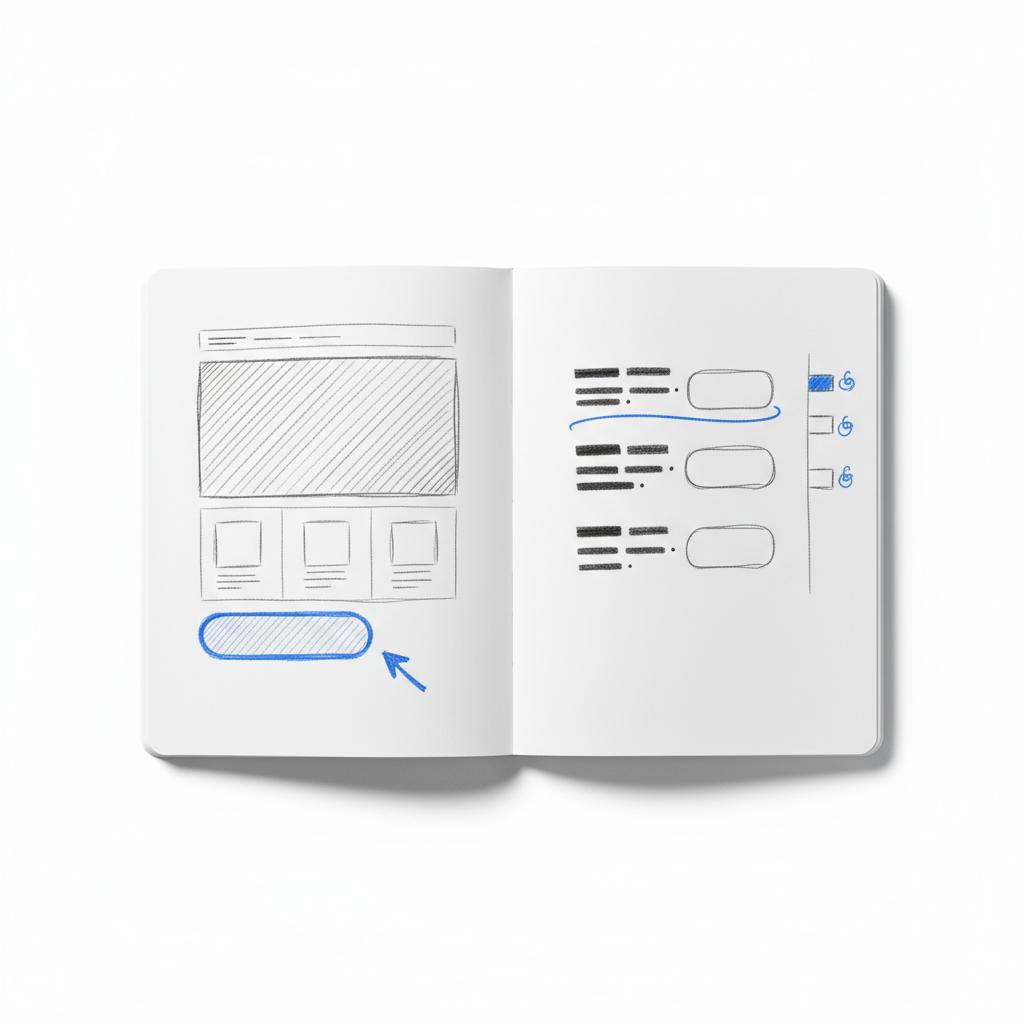 Open notebook spread showing a landing page wireframe and three ad headline sketches with a budget column, minimalist charcoal lines and blue accents for Google Ads planning.