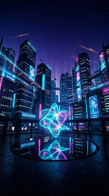 Futuristic Cyberpunk Midnight City Plaza Hologram Mobile Wallpaper - Free mobile Wallpaper