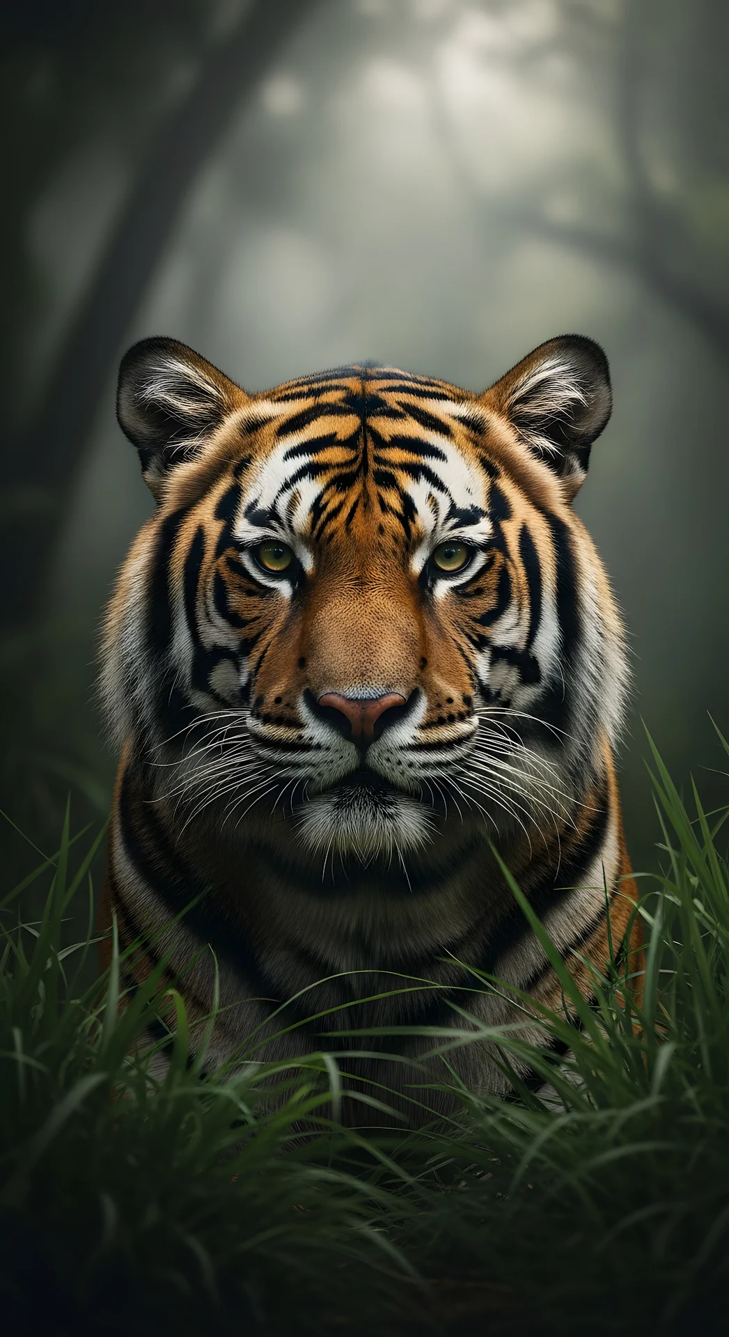 Intense Portrait of a Bengal Tiger Staring from Tall Grass in a Misty Jungle - Free 4K mobile Wallpaper