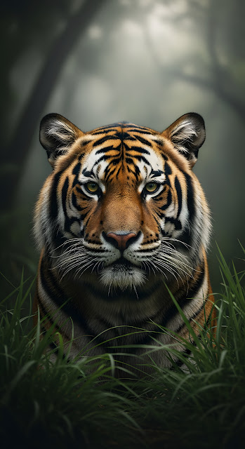 Intense Portrait of a Bengal Tiger Staring from Tall Grass in a Misty Jungle - Free mobile Wallpaper