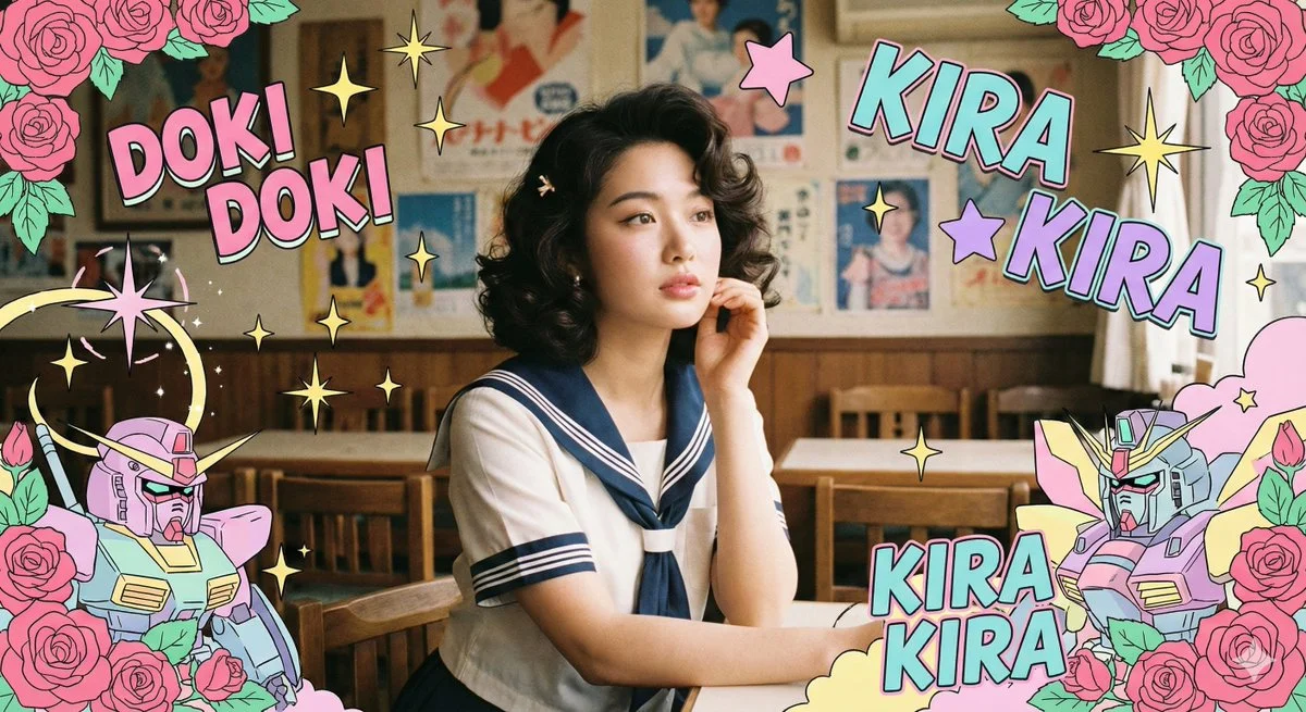 Mujer de origen asiático oriental en un café japonés nostálgico.