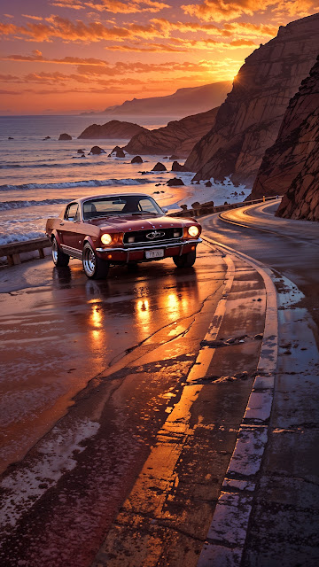 Classic Red Mustang on Coastal Road at Sunset - Free mobile Wallpaper