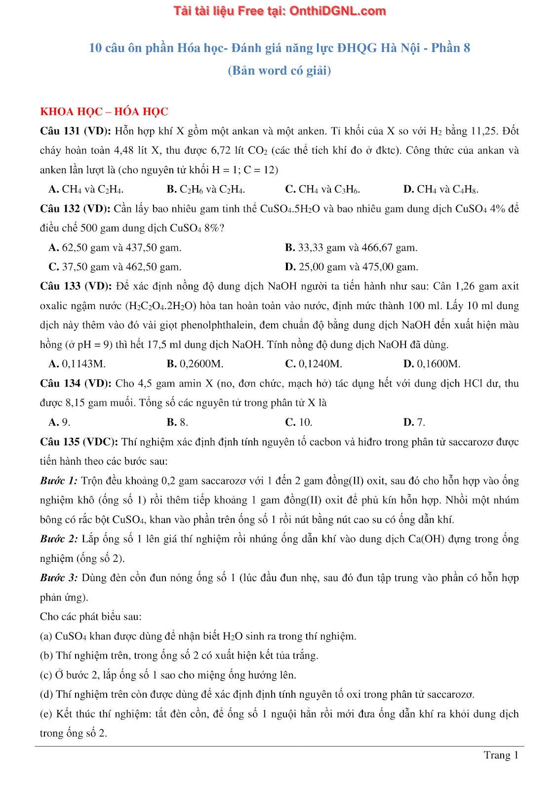 260 bài tập môn Hóa học - Ôn thi ĐGNL ĐHQG Hà Nội Phần 8