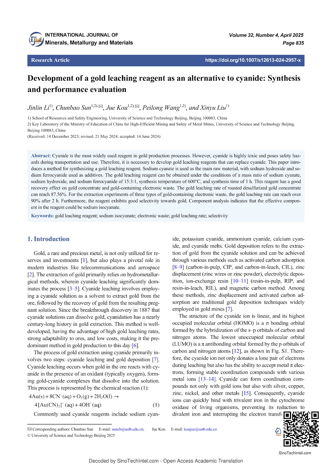 Development of a gold leaching reagent as an alternative to cyanide: Synthesis and performance evaluation