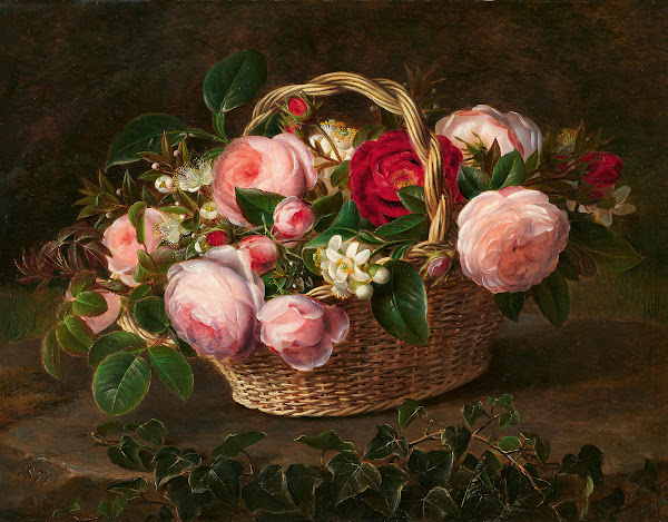 Korb mit Rosen  und Apfelblüten 1851
