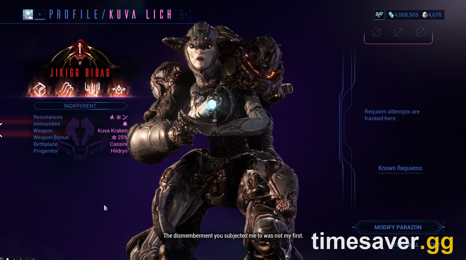 The Kuva Lich profile screen showing its weapon, 25% weapon bonus, Progenitor Warframe and rage meter in Warframe