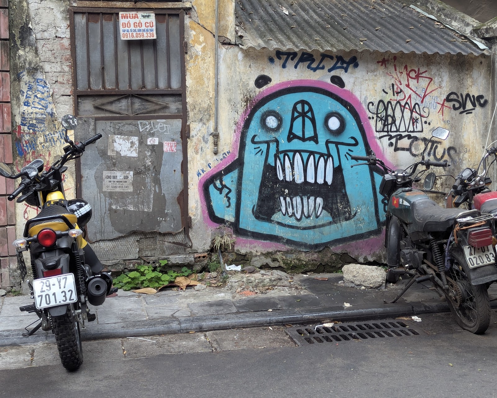 Some motorbikes besides street art depicting a skull.