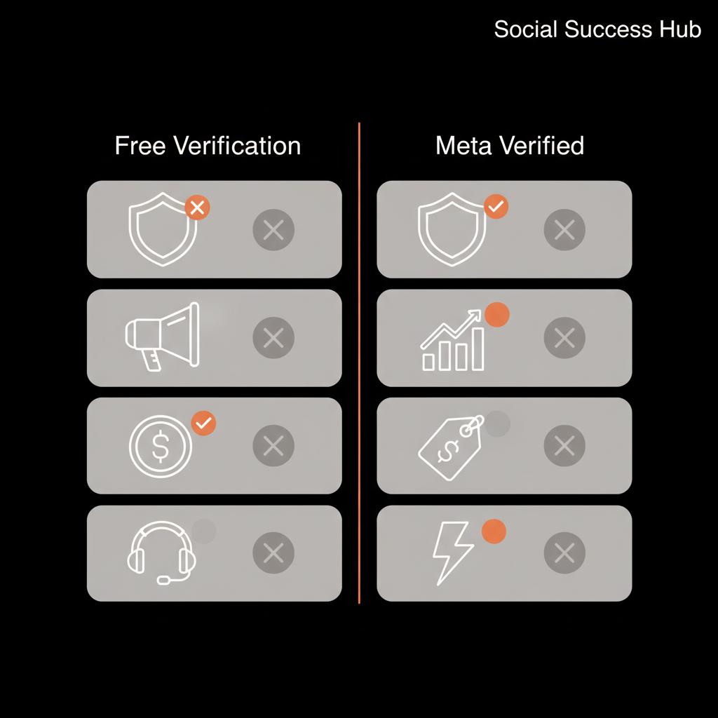 Minimal 2D vector infographic comparing pros and cons of Free Verification vs Meta Verified with icons for credibility, visibility, cost, and support — how to get verified on Instagram