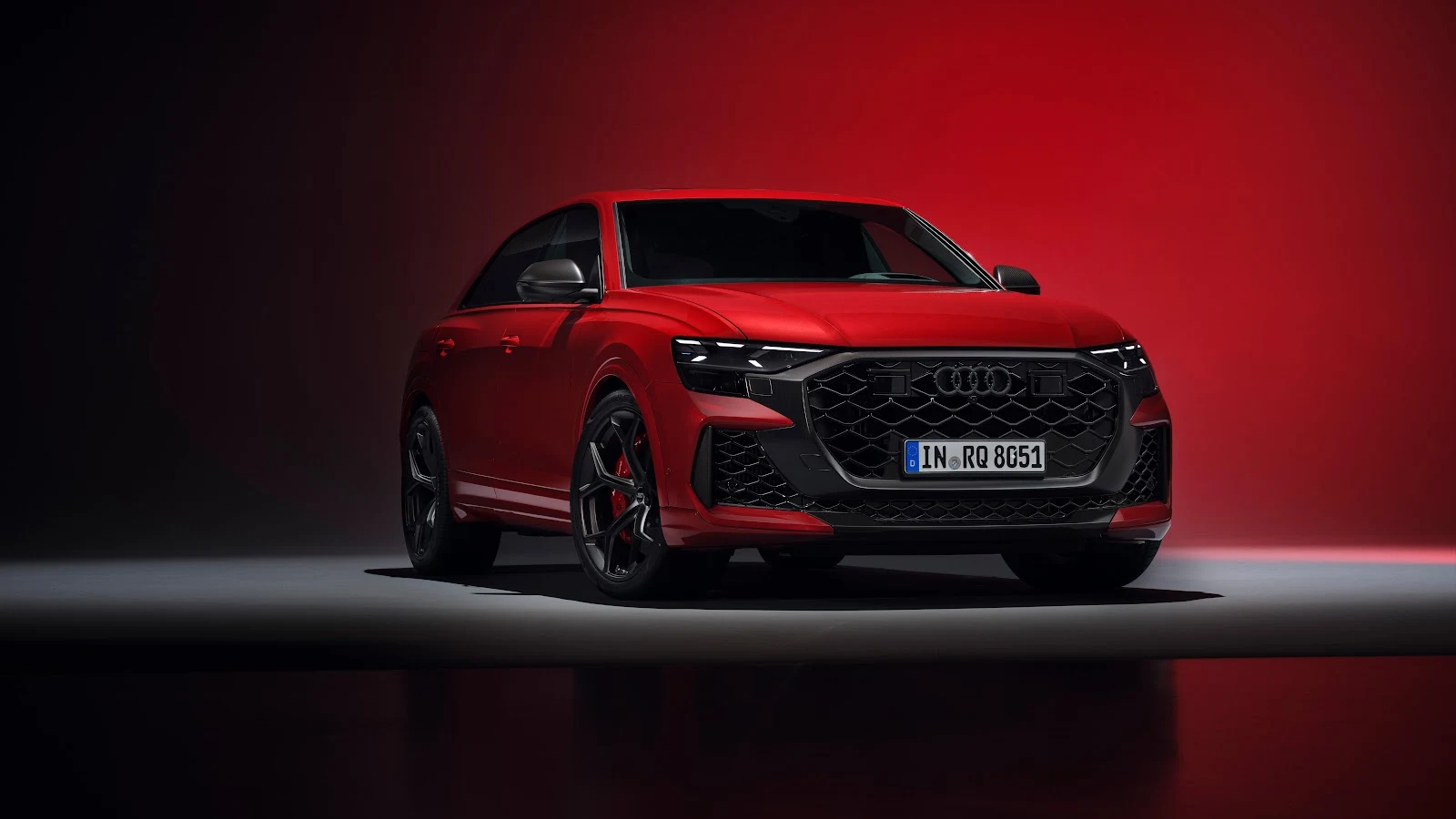 Red Audi RS Q8 Studio Portrait - Product Photography 8K Wallpaper (7680x4320)
