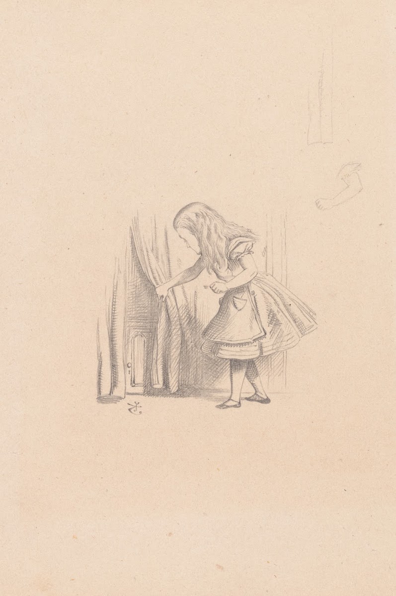 Drawing of Alice looking for the door 1866