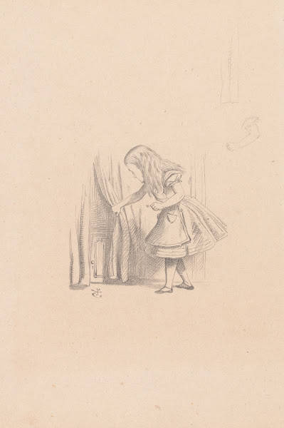Drawing of Alice looking for the door 1866