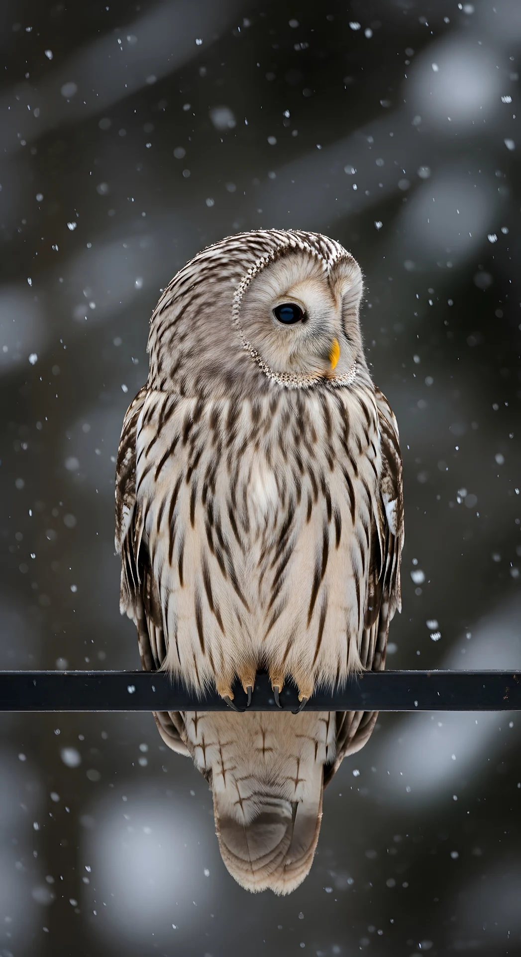 Ural Owl on Branch with Reflection in Falling Snow - Free 4K mobile Wallpaper