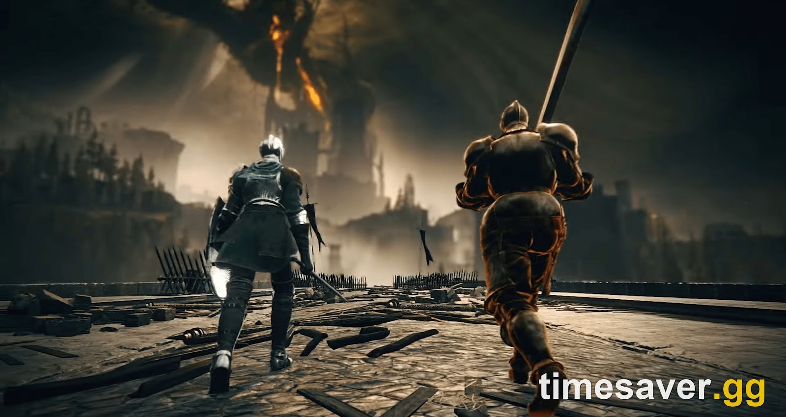 Two Tarnished warriors advance on a towering boss across a ruined bridge in the war-torn Lands Between — ELDEN RING Tarnished Edition gameplay.