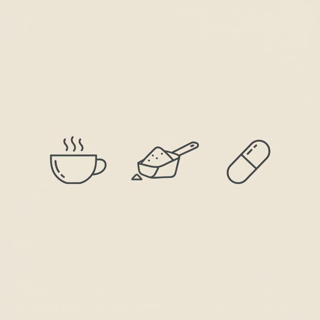 Tonum-style minimalist line illustration of a steaming coffee cup, creatine scoop, and capsule on a beige background representing best supplements for energy.