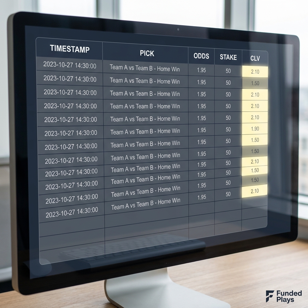 Close up timestamped picks spreadsheet on dark Funded Plays style screen highlighting CLV numbers in accent yellow f5e79d showing nfl betting advice data and timestamps
