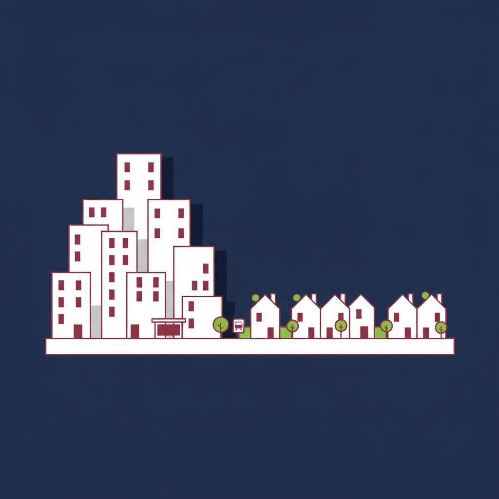 Minimalist 2D vector infographic showing a dense high rise costly city in usa area beside a lower density neighborhood using deep blue white and red accents