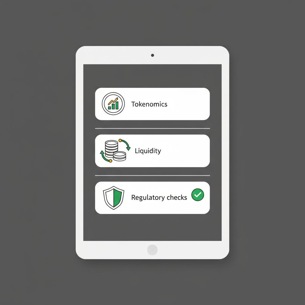 Minimalist 2D vector of a digital tablet checklist with icons for tokenomics liquidity and regulatory checks representing best cryptocurrency to invest today
