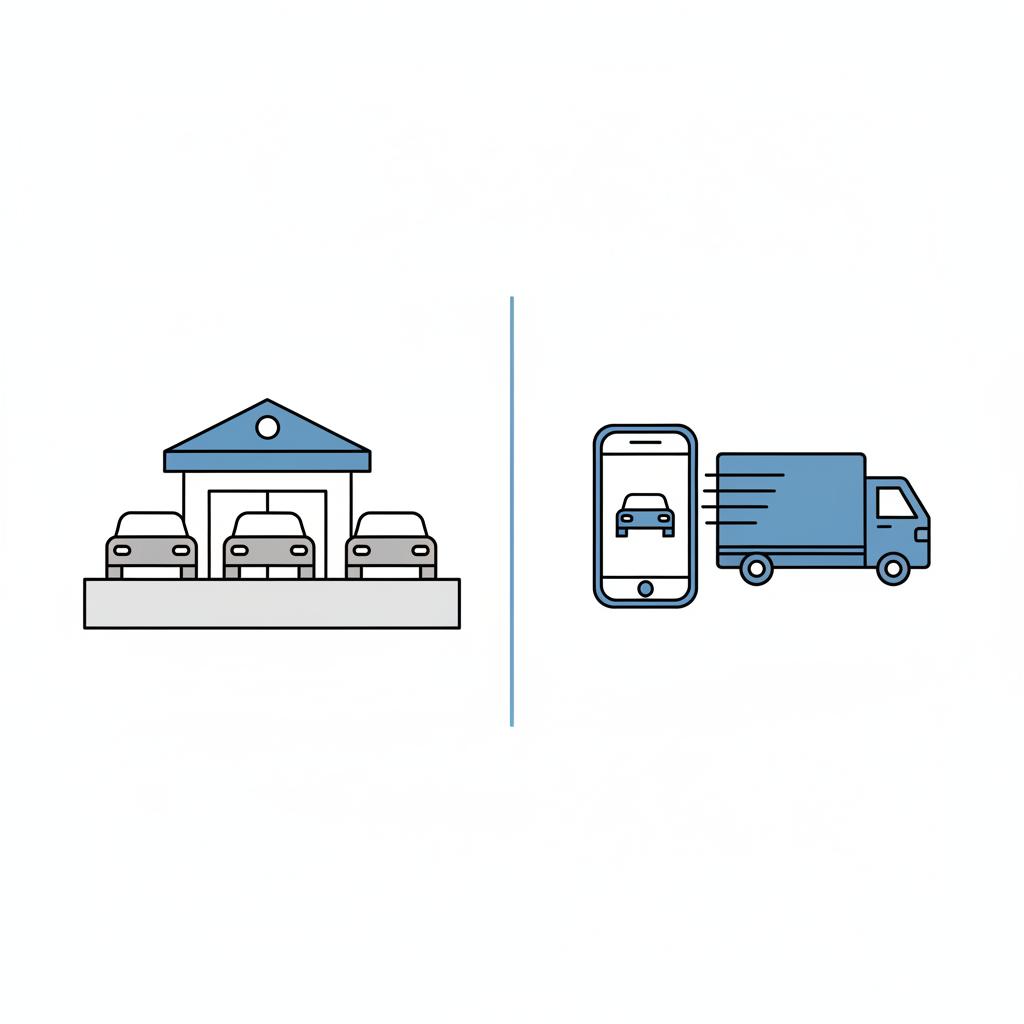 Minimalist vector showing dealership lot on left and delivery truck with smartphone on right representing trade in versus instant online sale carvana car value