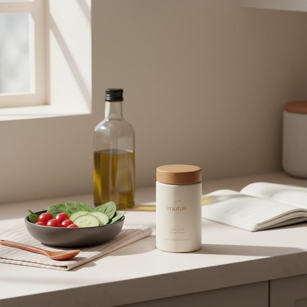 Minimalist kitchen counter with Tonum Motus bottle beside a bowl of mixed vegetables and olive oil, emphasizing liver lipid metabolism and simple meal planning