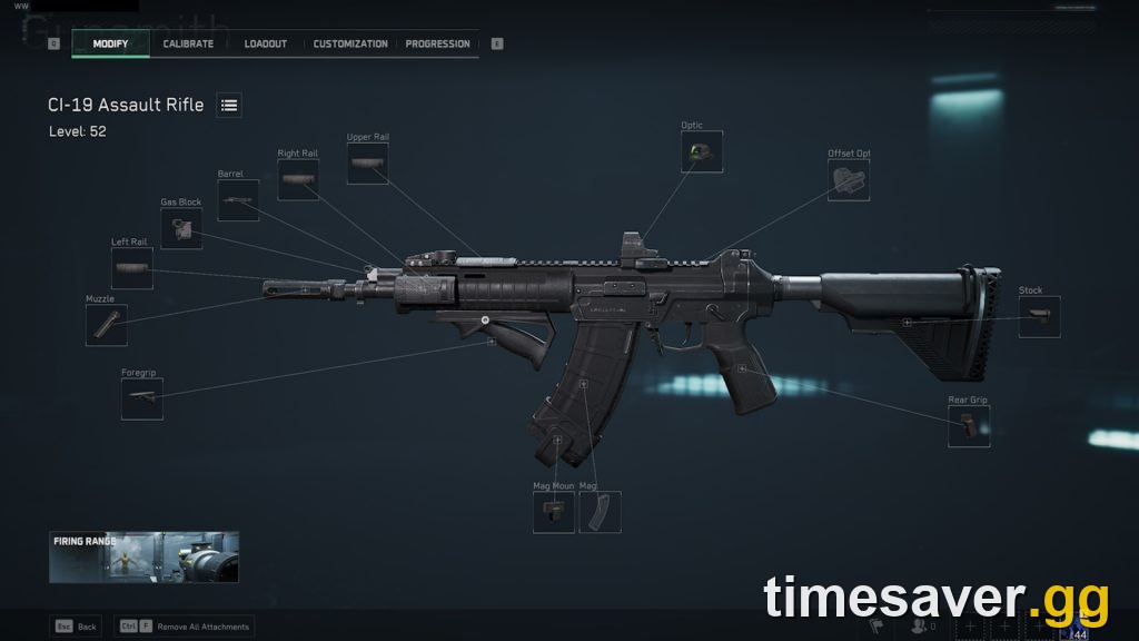 Delta Force CI-19 gunsmith Modify screen showing the muzzle, barrel, optic, stock, grip and magazine attachment slots