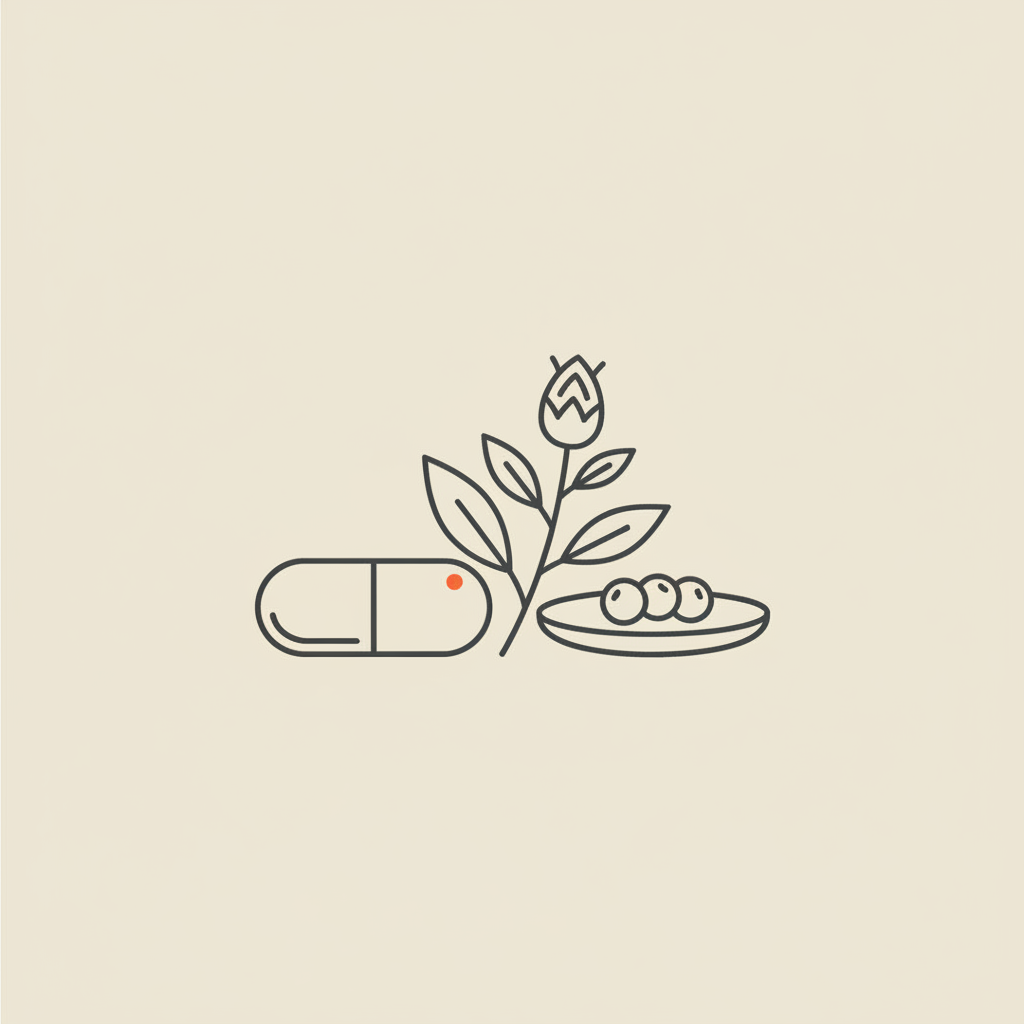 Minimal Tonum-style vector line illustration of a capsule, milk thistle sprig, and small plate with berries on beige background, conceptual graphic to support burn belly fat fast