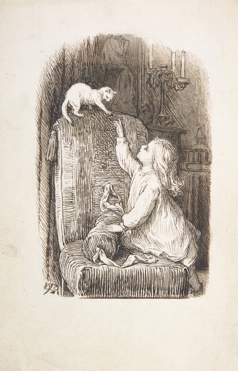 Child Climbing a Chair to Reach for a Kitten 18351903