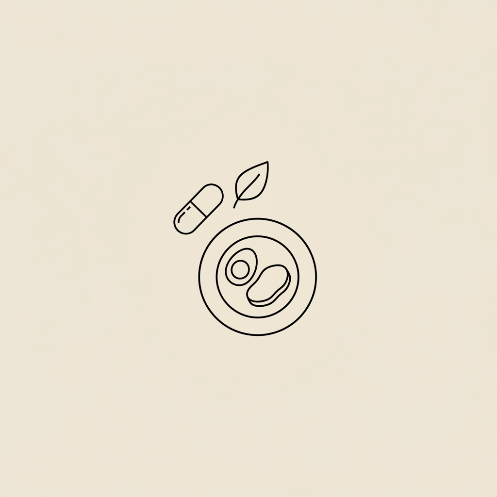 Minimalist 2D vector line illustration of a capsule, small leaf, and plate with a protein-rich meal on beige background, representing slow metabolism.