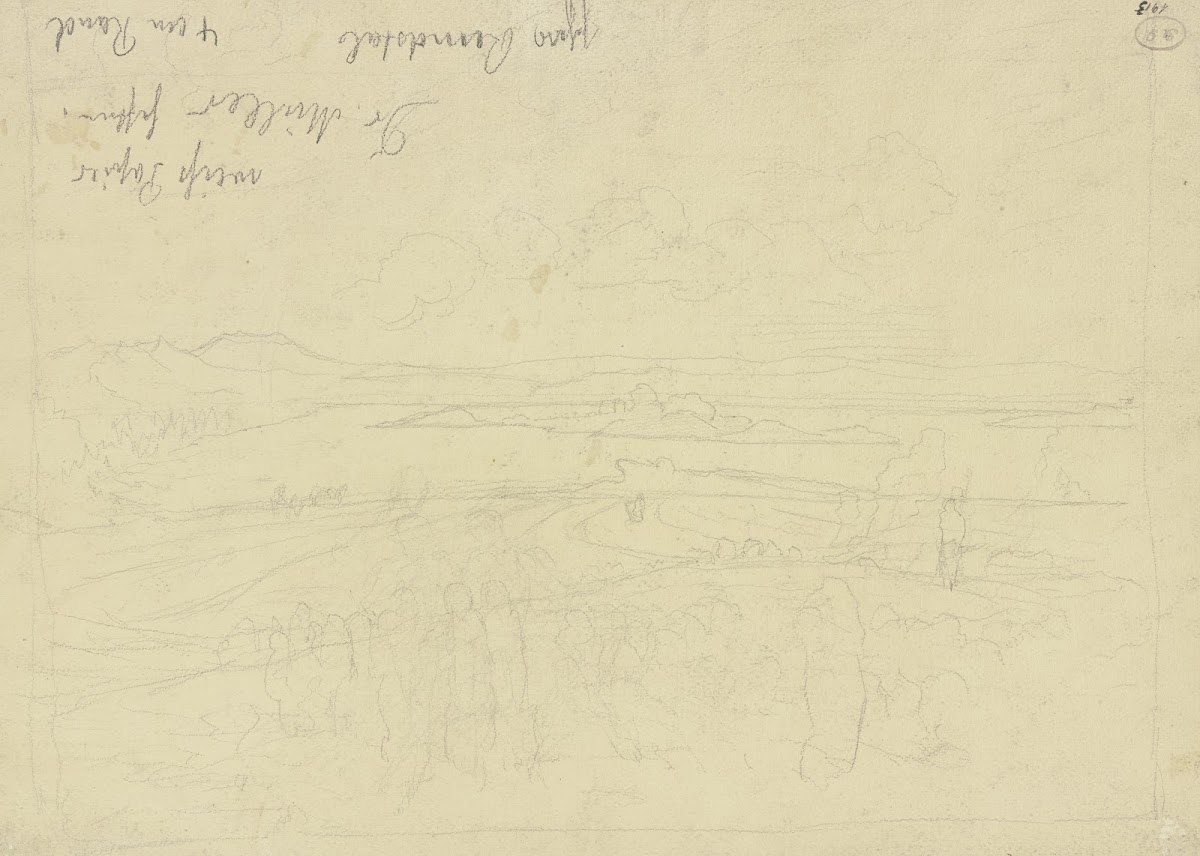 Landschaft im Vordergrund Figuren im Hintergrund ein See mit Insel ca 1873