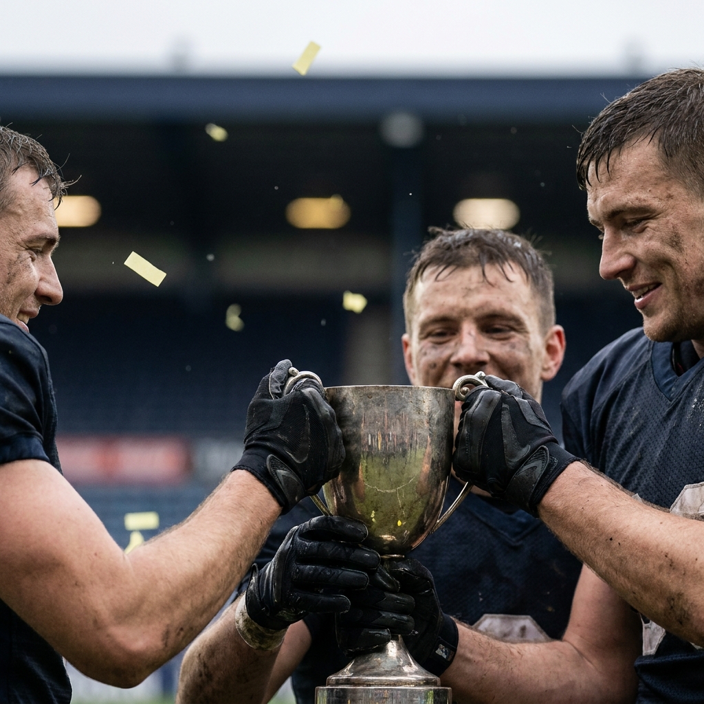 Close up of players celebrating a cup win with trophy and restrained confetti in brand colors realistic neutral lighting athletic bilbao prediction