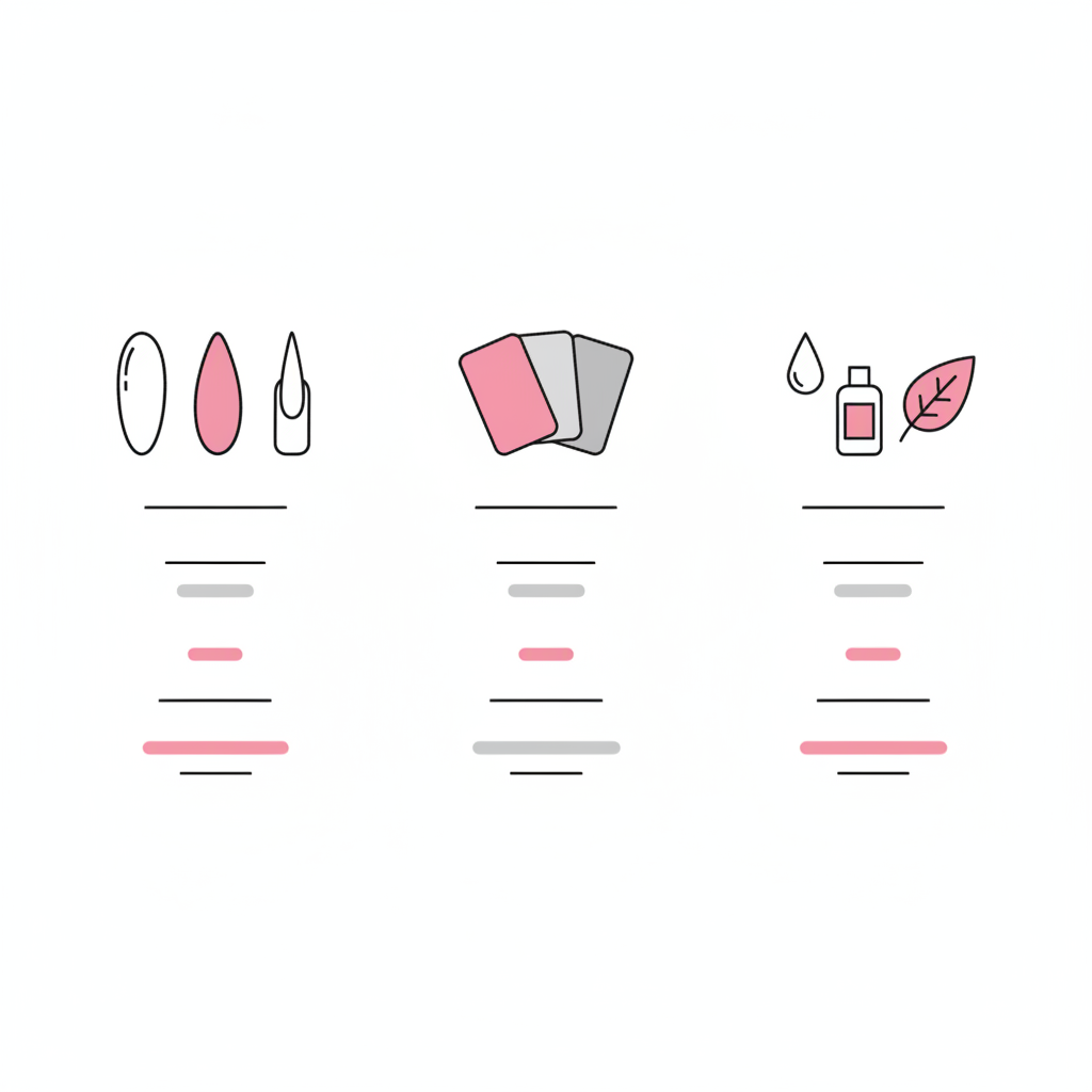 Minimalistische 2D-Vektor-Infografik zu Gelnägel Trends 2025 mit drei Spalten: Icons für Formen, Farben und Pflege im NailX-Farbstil (Weiß, #f57fb6, #010101).