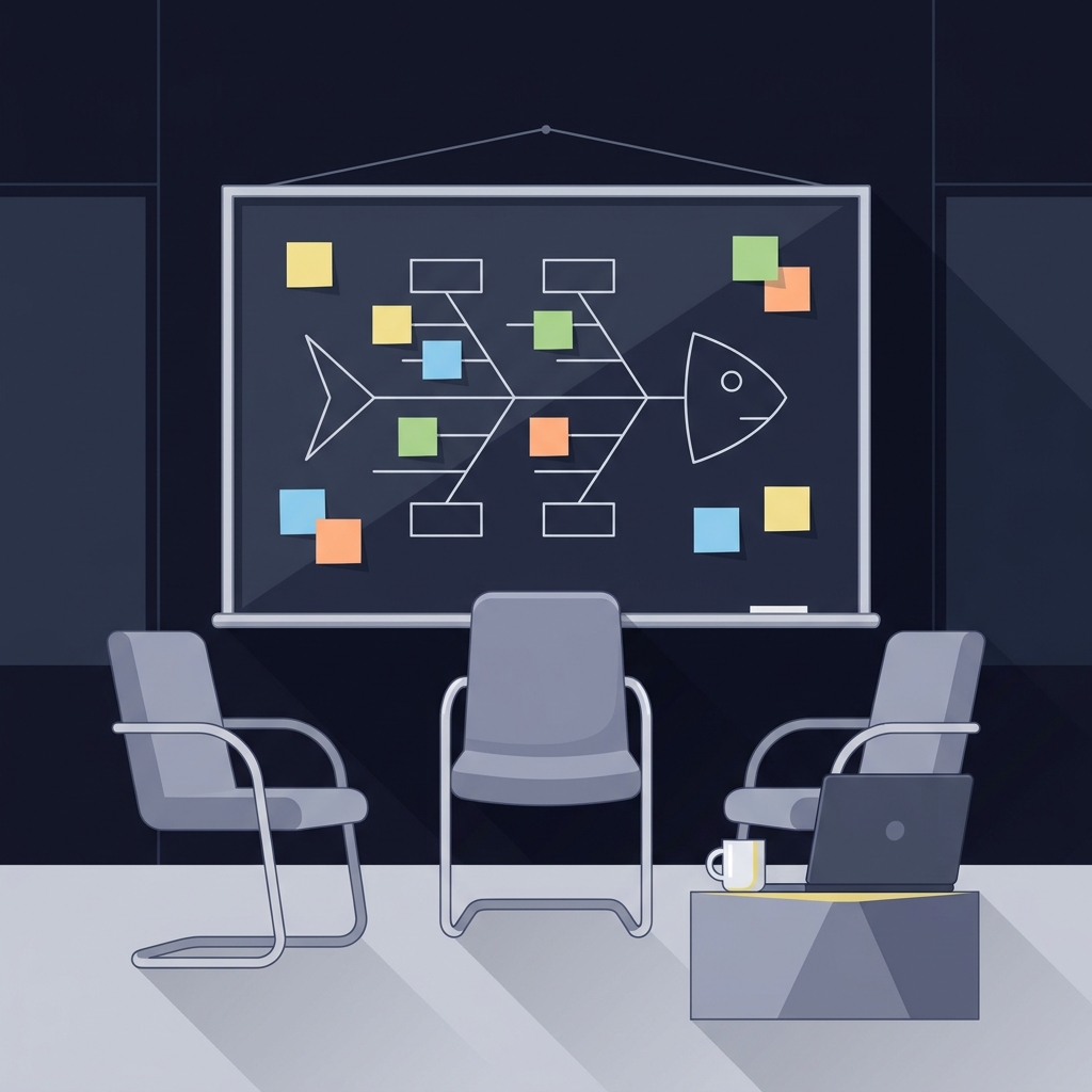 Minimalist 2D vector whiteboard with fishbone diagram and colorful sticky notes representing root cause analysis, empty chairs laptop and coffee mug implying collaboration, how to track rule violations and near misses