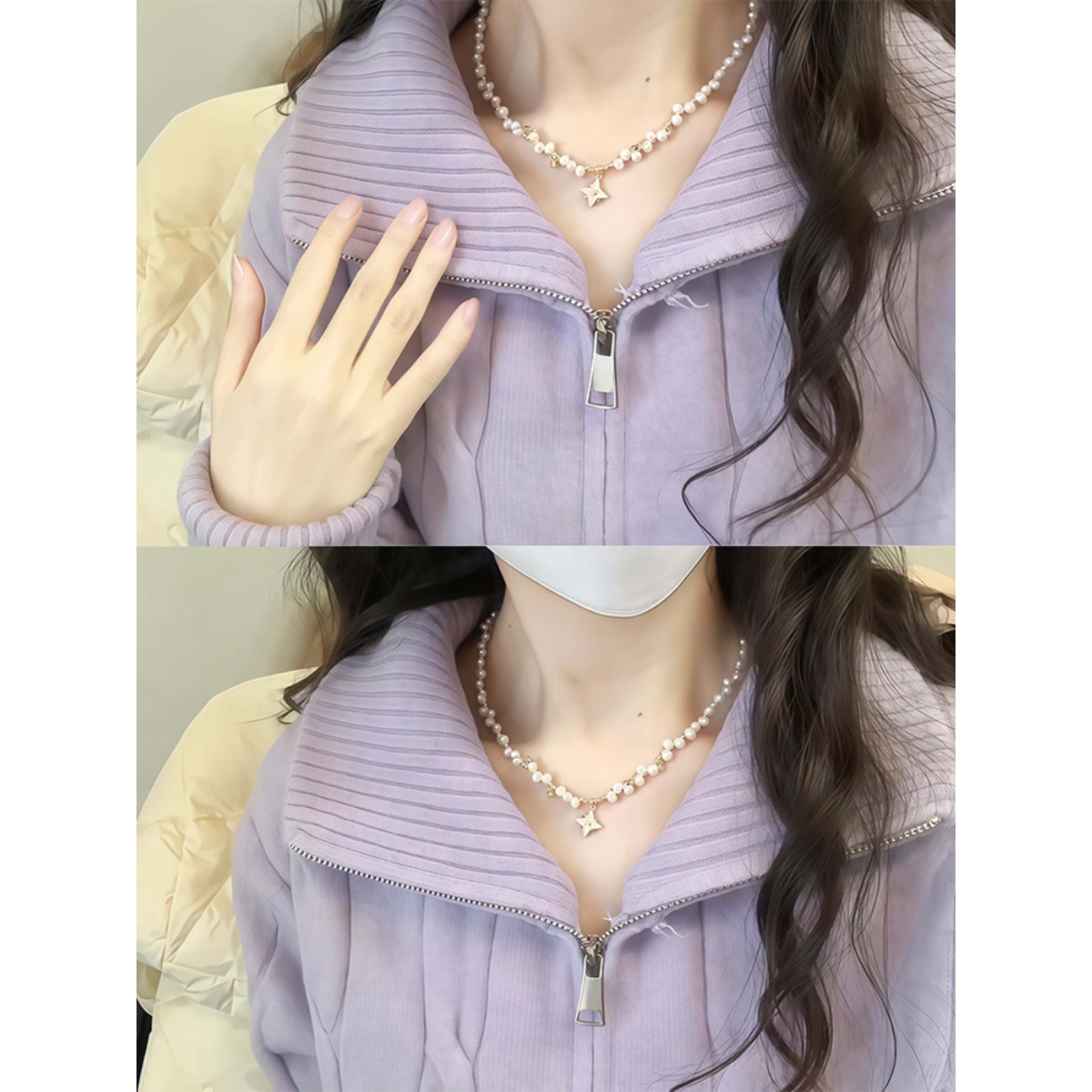 Women's knit sweater with zipper and stand-up collar
