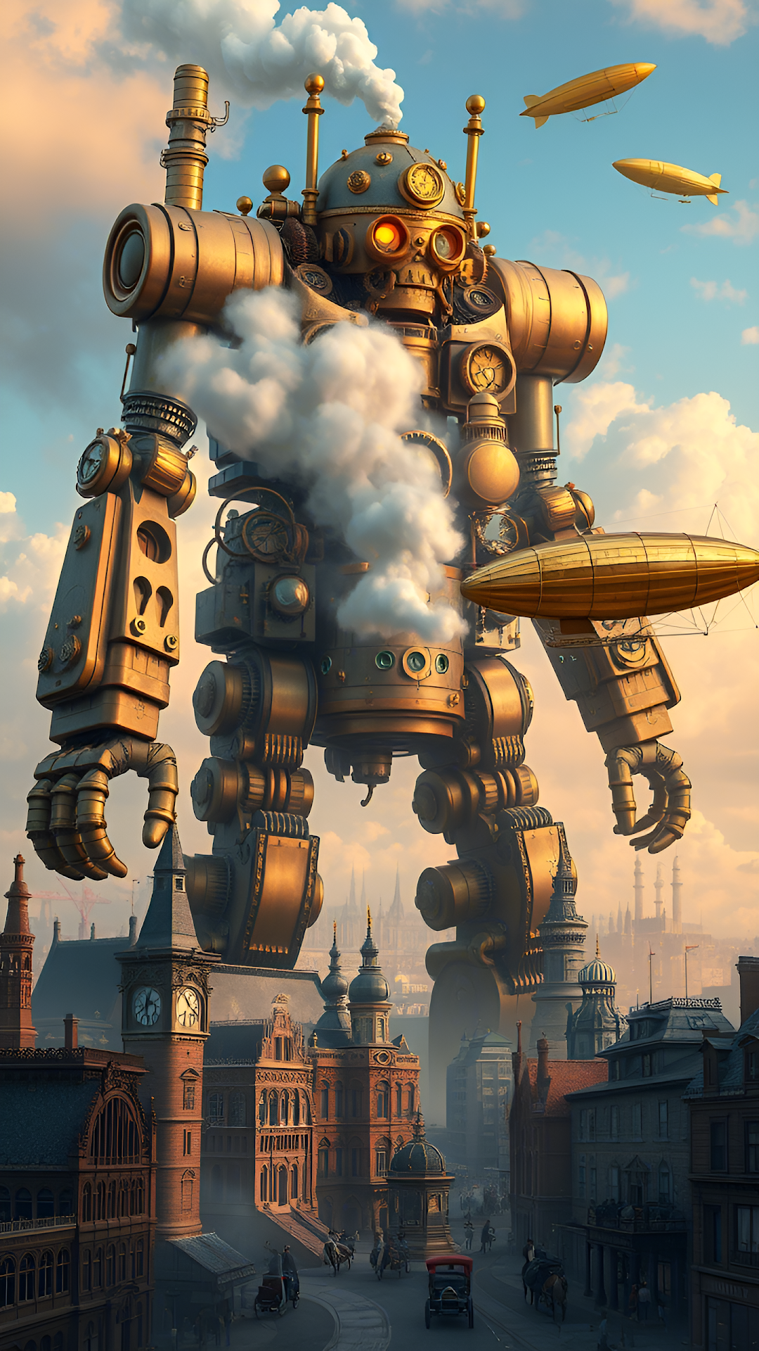 Colossal Brass Steampunk Mech Dominating Victorian Cityscape - Free 4K mobile Wallpaper