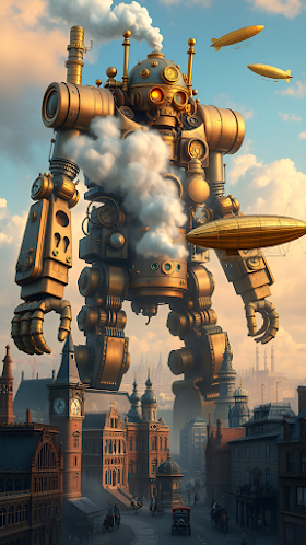 Steampunk Titan Over Cityscape