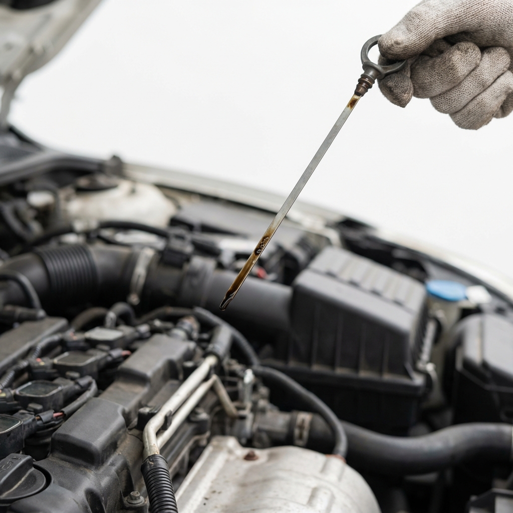 Close up of hand pulling oil dipstick showing dark oil during routine inspection used toyota camry for sale