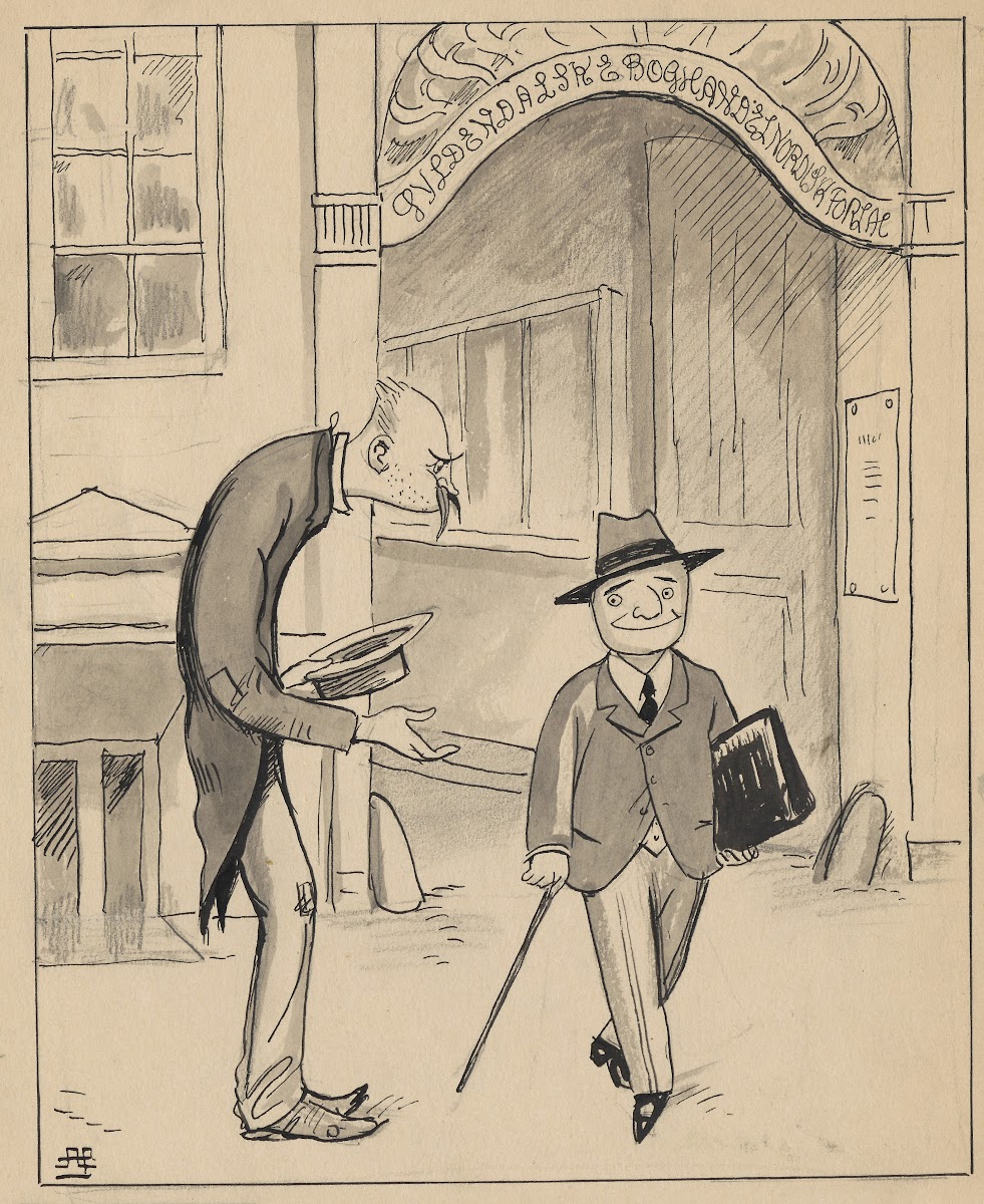 Neergaard stands outside Gyldendal Publishers with his hat in his hand 1923