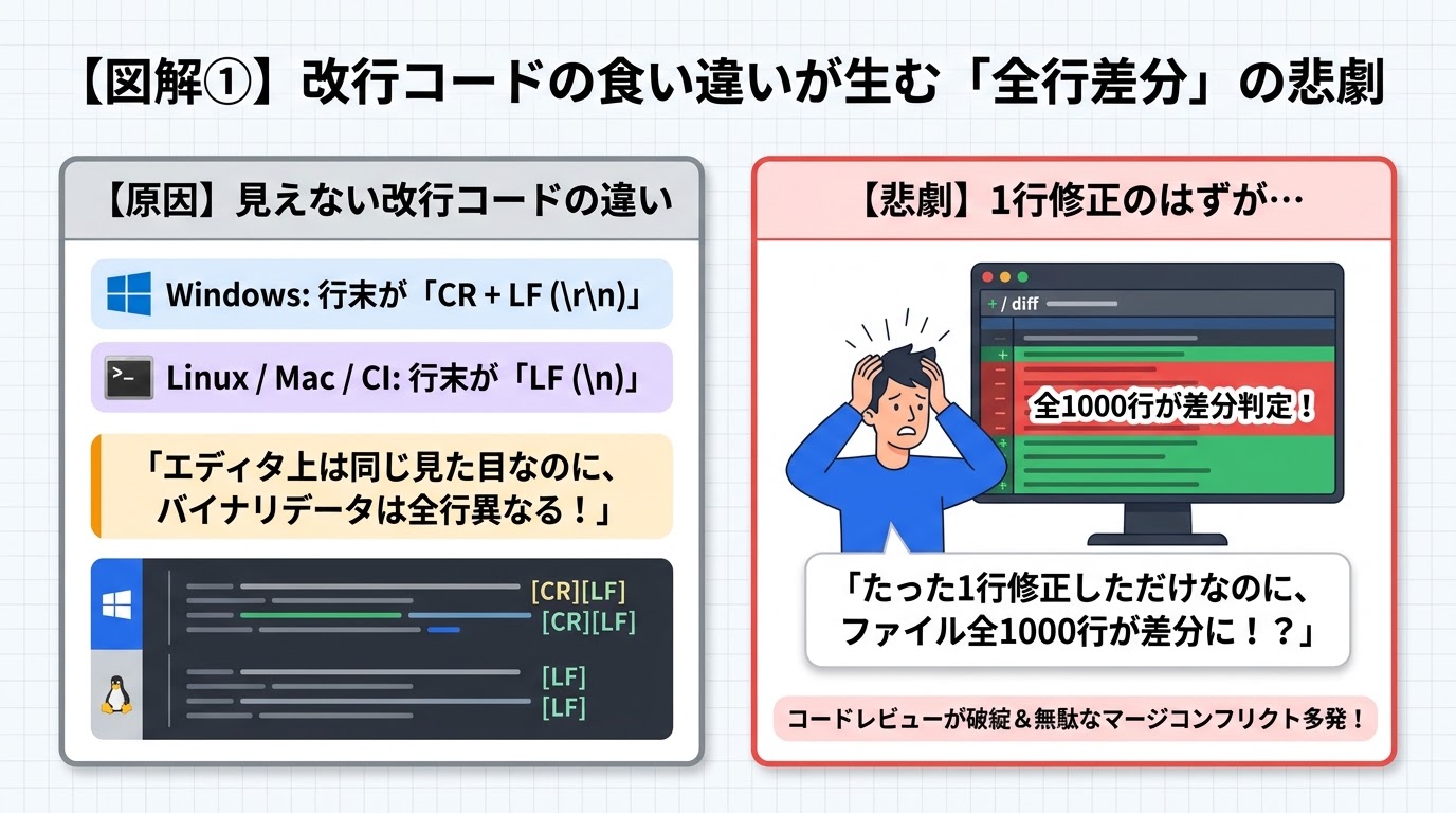 改行コードの食い違いが生む「全行差分」の悲劇