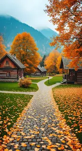 Rustic Autumn Village Cobblestone Path Fall Foliage
