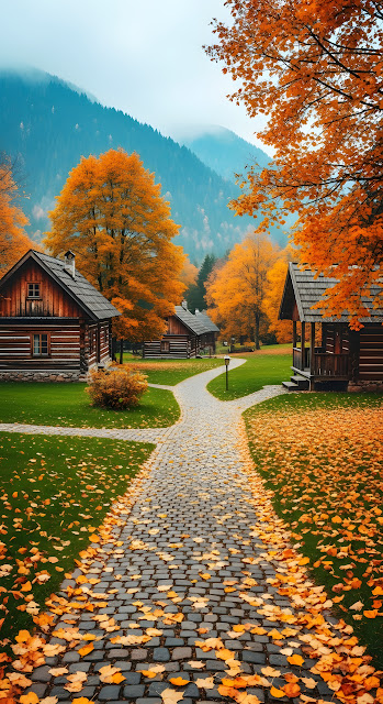 Rustic Autumn Village Cobblestone Path Fall Foliage - Free mobile Wallpaper