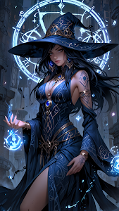 Dark Sorceress Casting Blue Magic Spell Arcane Circle